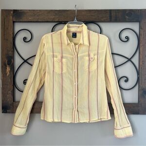 Y2K GAP Cotton Lightweight Semi Sheer Long Sleeve Button Yellow Blouse Size L